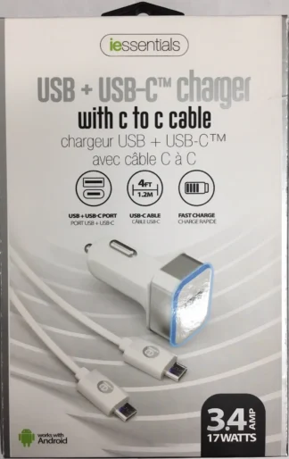 3.4AMP 1USB-A 1USB-C CAR CHARGER W/4FT C TO C CABLE UL